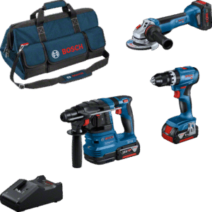 Bosch Bleu Kit d’outils sans fil 3 outils 18 V (2x GBA 18V 5,0 Ah, 1x ProCORE18V 5,5 Ah, chargeur GAL 18V-40, GSB 18V-45, GWS 18V-10, GBH 18V-22)