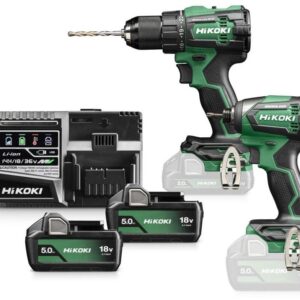HiKOKI KC18DEWCZ – Pack combiné sans fil 18 V DV18DE Perceuse-visseuse à percussion + WH18DE Visseuse à chocs Inclus : 2 × batteries 5,0 Ah, chargeur et coffret HSC III