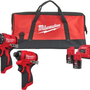 Milwaukee M12 BLPP2D-202B | Pack d’outils M12 2 pièces BLDDRC + BLIDRC dans un sac | Comprend 2 batteries de 2,0 Ah et un chargeur