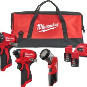 Milwaukee M12 BLPP3A-202B | Pack d’outils M12 3 pièces BLDDRC + BLIDRC + TLED dans un sac | Comprend 2 batteries de 2,0 Ah et un chargeur