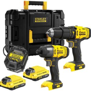 Stanley FATMAX SFMCK465D2T V20 Kit combiné | Perceuse-visseuse sans fil 18V + Visseuse à chocs sans fil 18V | 2× batteries 2,0 Ah | 1× chargeur
