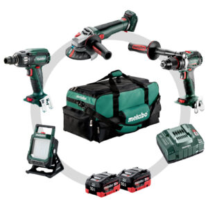 Metabo 685209000 Pack Combo 4.3.2 LiHD 18V 10,0Ah - BS18LTX BL I Perceuse à batterie + WB18LT BL Meuleuse + SSW18LTX400 BL Clé à chocs + Lampe BSA18