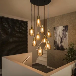 Suspension Mandy 9 lampes en cascade en verre couleur ambre