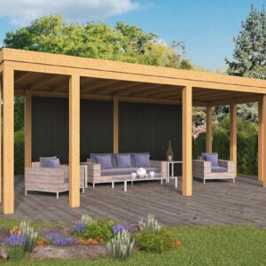 Doe het zelf overkapping Brammelo Lariks Glad Geschaafd 750x355cm DHZ plat dak met zwarte wanden