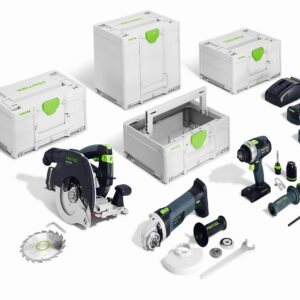 Festool 578025 Kit Combo Sans Fil Construction/Bois – HKC55 Scie à onglets + TPC18/4 Perceuse à percussion + AGC18-125 Meuleuse + Coffret 18V 5,0 Ah Li-Ion