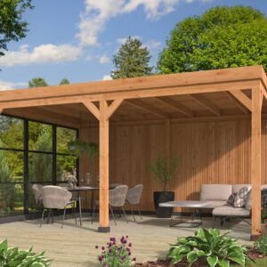 Auvent à toit plat 538x378 cm Kiruna Type 1 avec paroi en Red Class Wood